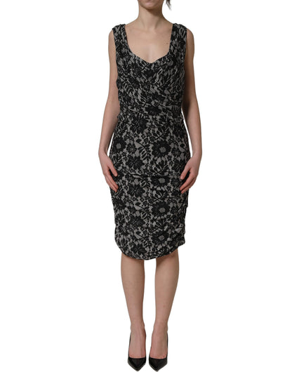 Black White Floral Lace Sleeveless Midi Dress
