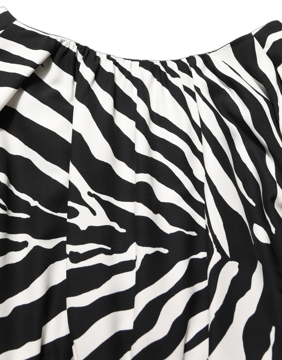 Black White Zebra Ruched Silk Mini Dress