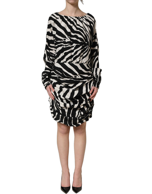 Black White Zebra Ruched Silk Mini Dress