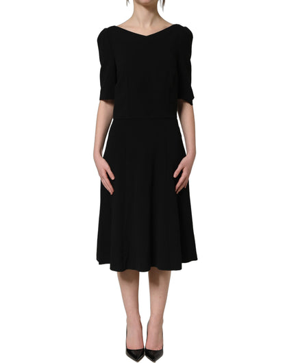 Black Viscose Short Sleeve A-line Midi Dress