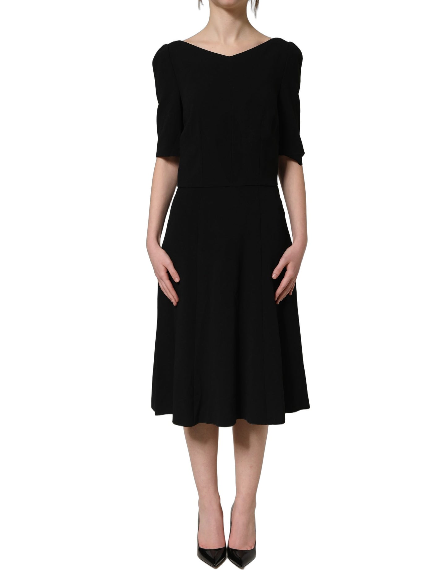 Black Viscose Short Sleeve A-line Midi Dress