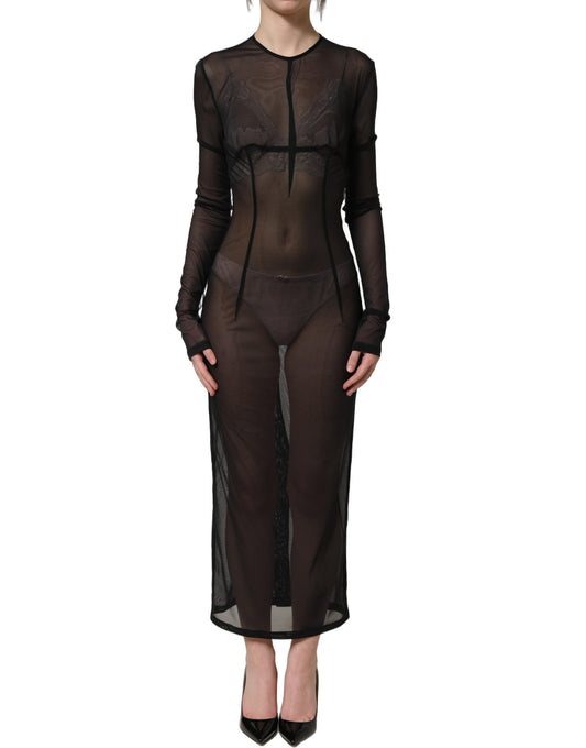 Black Long Sleeve Sheer Fitted Maxi Dress