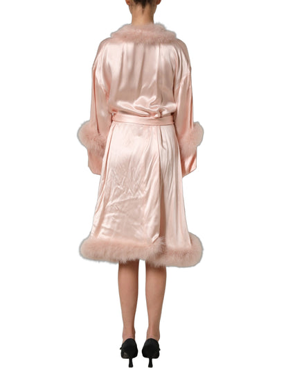 Light Pink Silk Turkey Feather Wrap Midi Dress