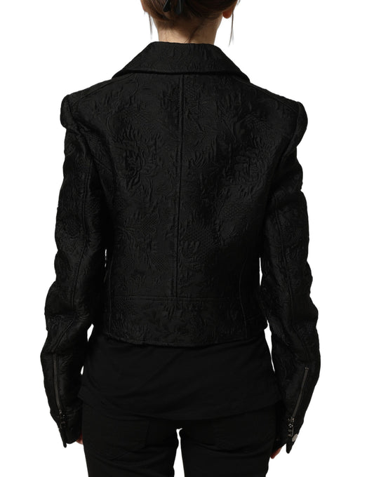 Black Floral Brocade Biker Blouson Jacket