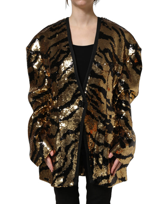 Black Gold Sequin Tiger Stripe Blazer Jacket