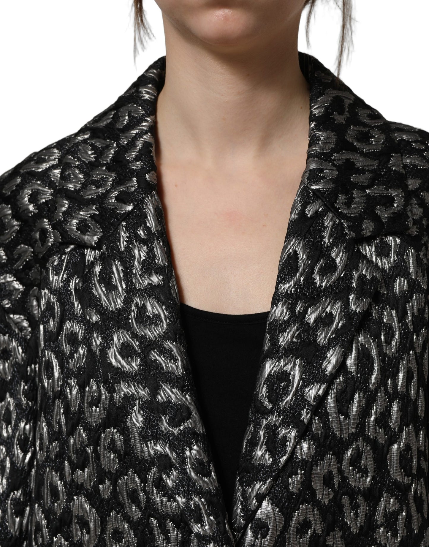 Black Silver Jacquard Leopard Coat Jacket