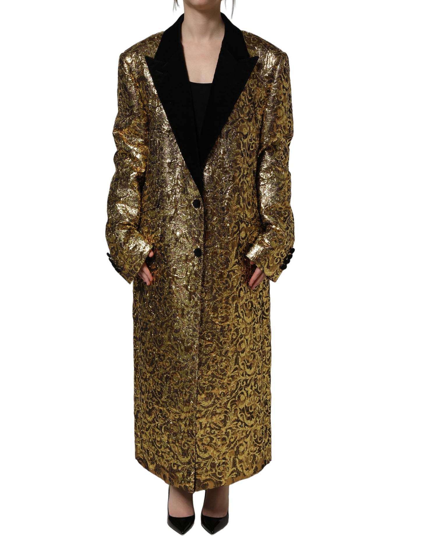 Gold Floral Jacquard Wool Trench Coat Jacket