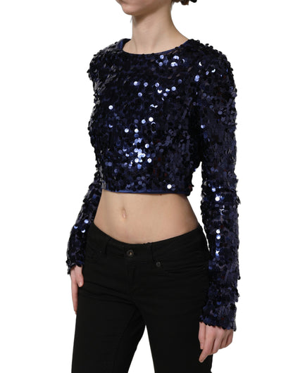 Blue Sequined Long Sleeves Crop Blouse Top