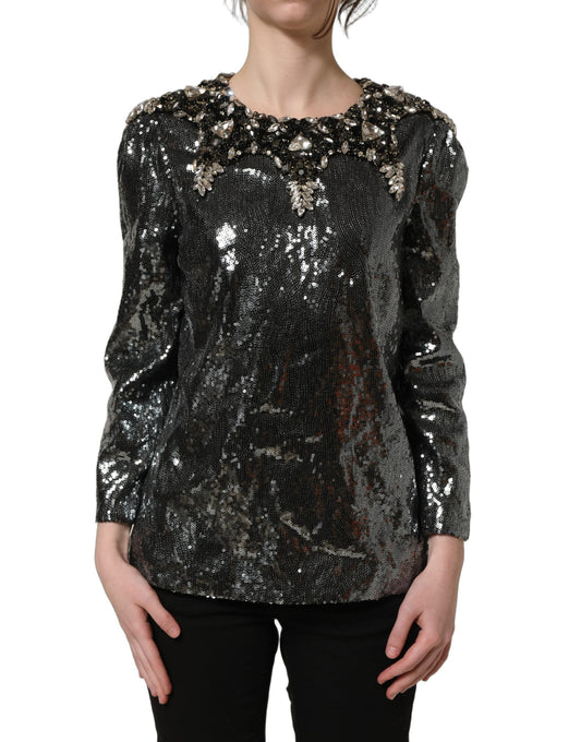 Metallic Gray Sequin Embellished Blouse Top