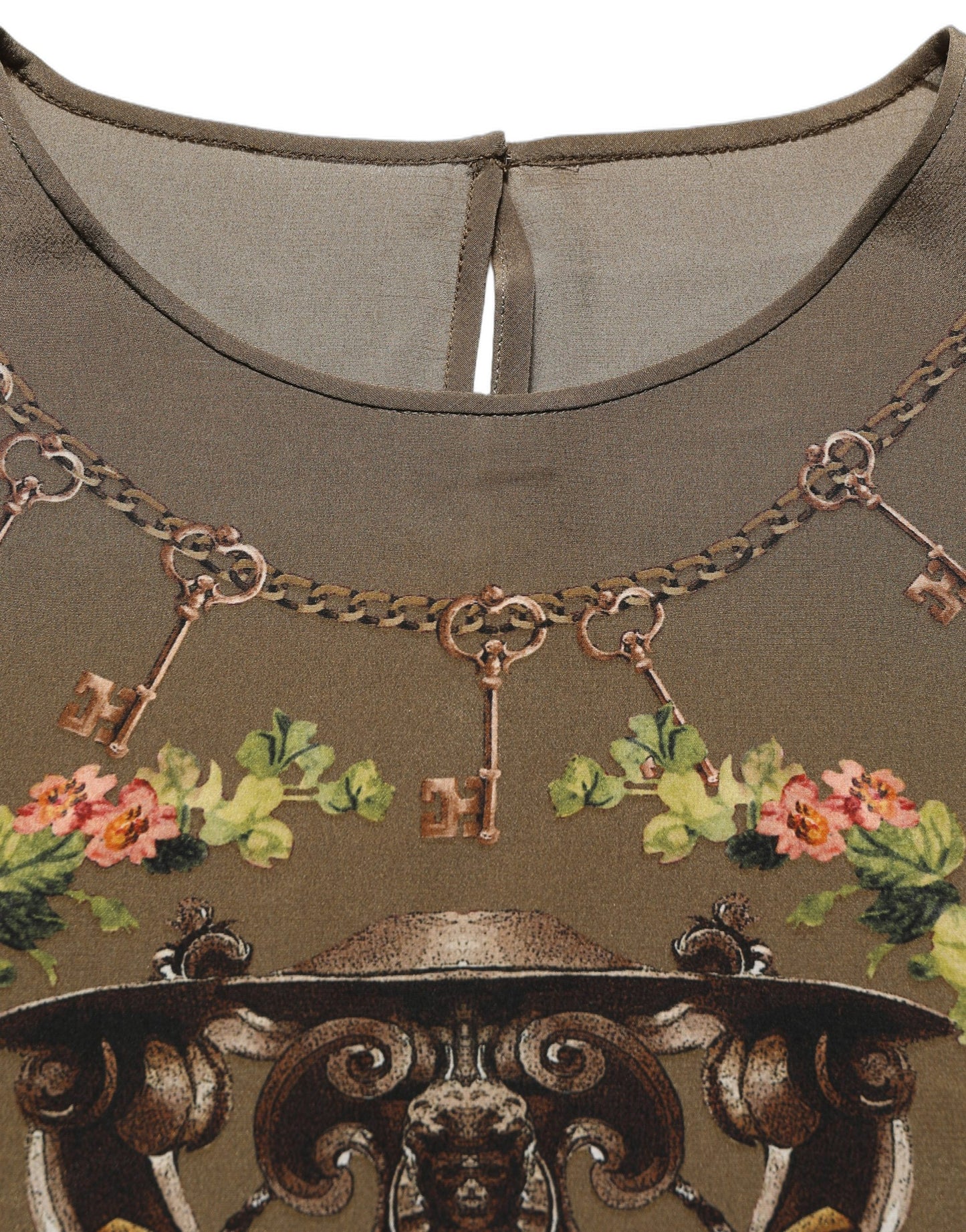 Brown Keys Roses Printed Silk Blouse Top