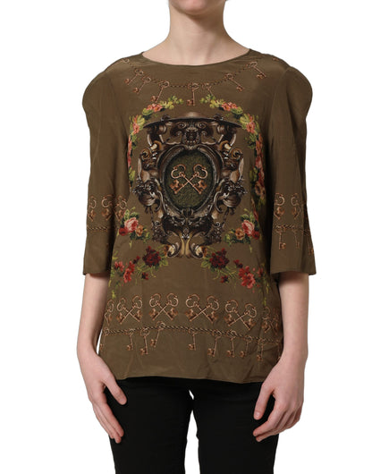 Brown Keys Roses Printed Silk Blouse Top