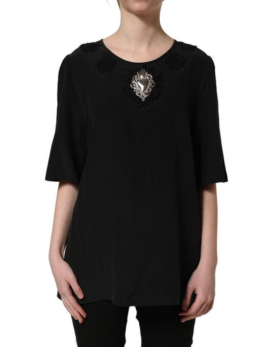 Black Floral Silk Heart Appliqué Blouse Top