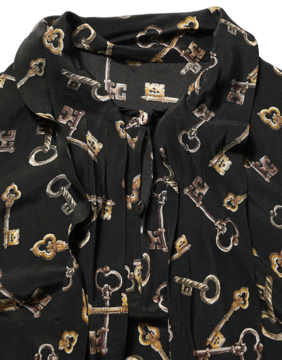 Black Keys Print Silk Tie Neck Blouse Top