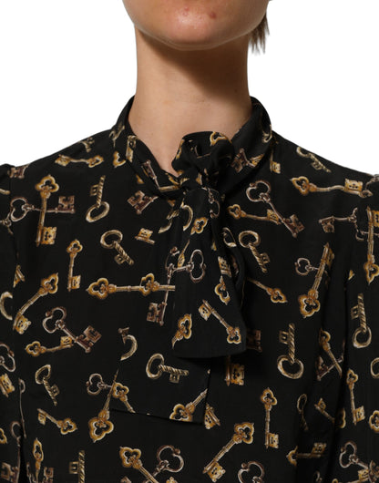 Black Keys Print Silk Tie Neck Blouse Top