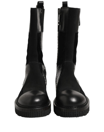 Black Patchwork Leather Mid Calf Boots Shoes