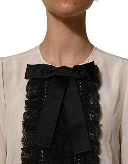 Beige Lace Trim Bow Short Sleeves Blouse Top