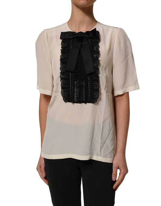 White Lace Trim Bow Short Sleeves Blouse Top