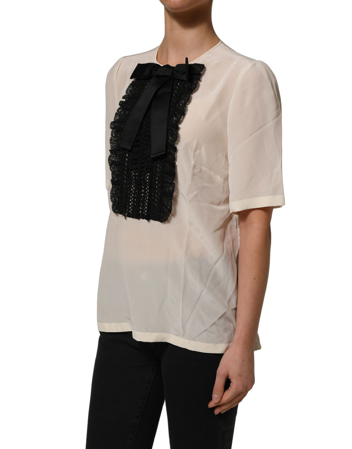 White Lace Trim Bow Short Sleeves Blouse Top