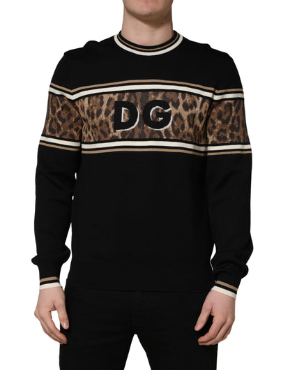 Black Leopard Wool Crew Neck Men Pullover Sweater