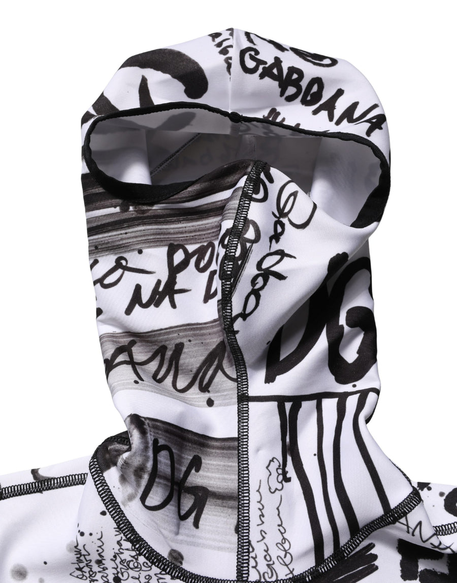 White Jersey Graffiti Print Balaclava Hood Sweater