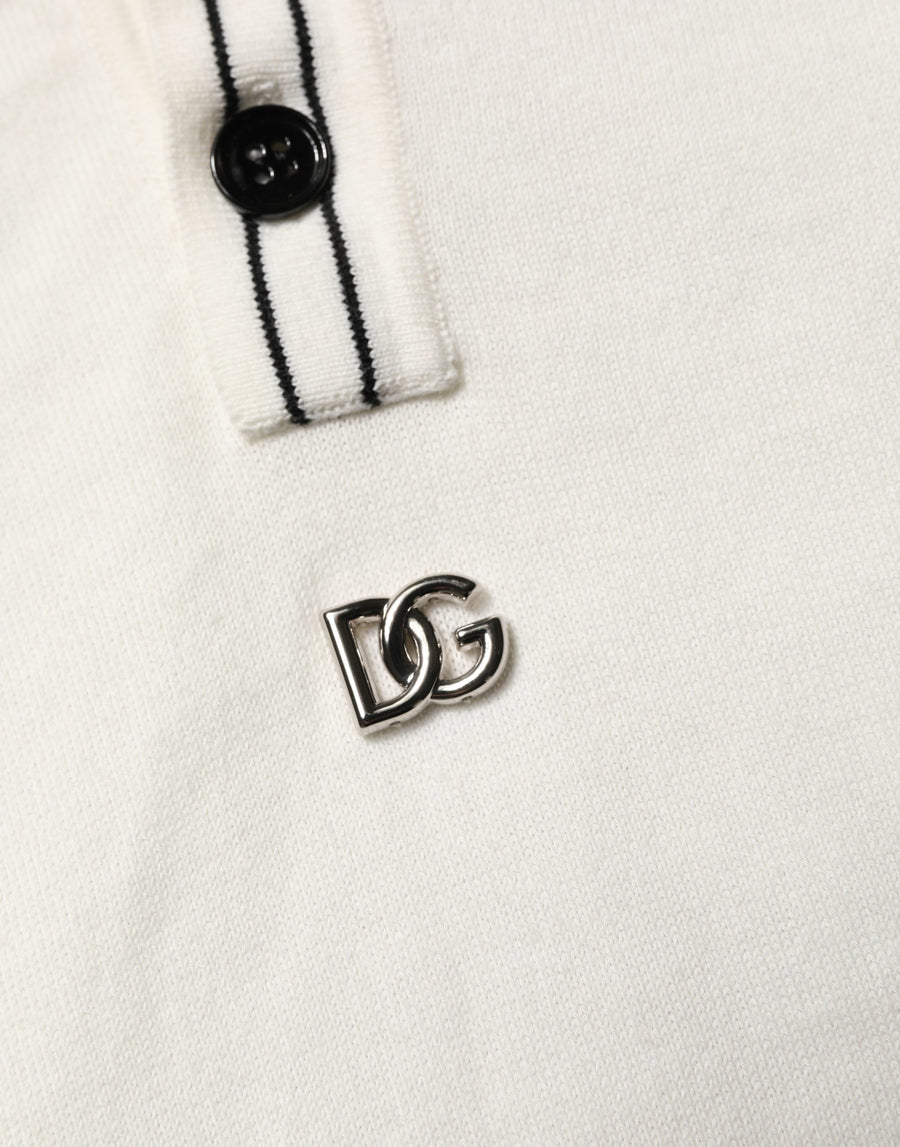 White Cotton Blend Men Polo Pullover Sweater