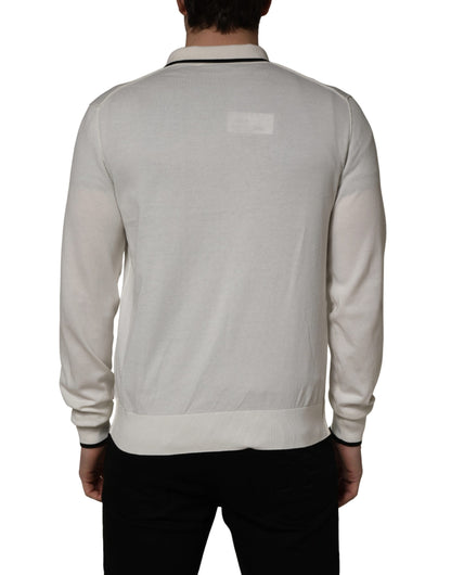 White Cotton Blend Men Polo Pullover Sweater
