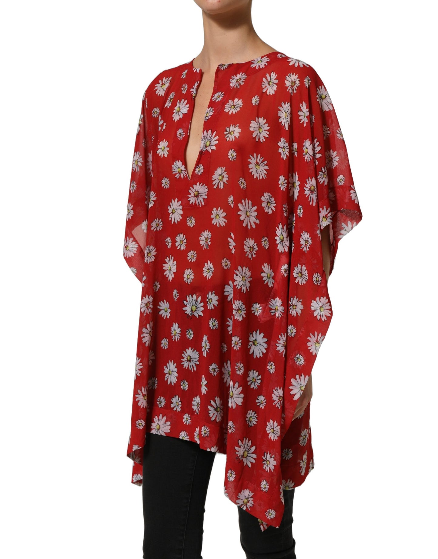 Red Floral V-neck Polyester Kaftan Blouse Top