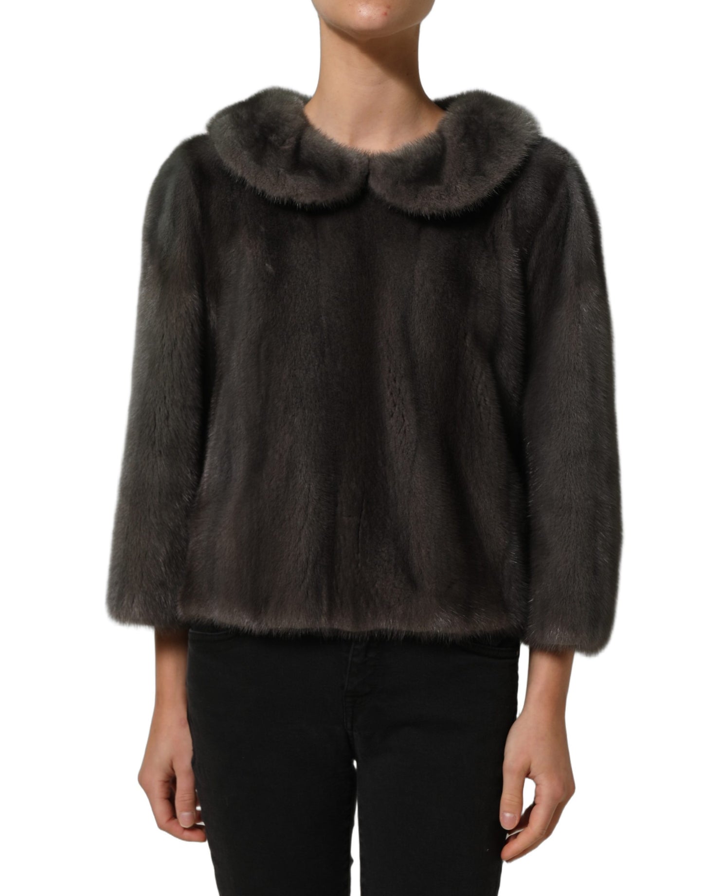 Dark Gray Mink Fur Round Collar Blouse Top