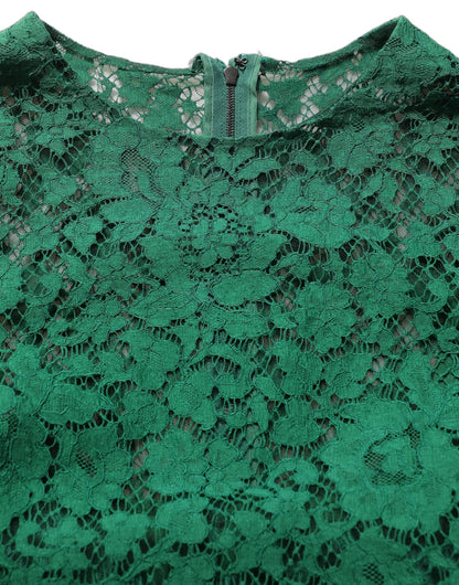 Green Floral Lace Round Neck Blouse Top