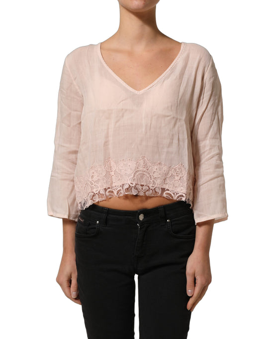 Light Pink Linen V-Neck Long Sleeves Blouse Top