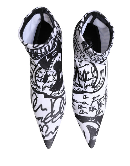 White Graffiti Stretch Ankle Boots Shoes