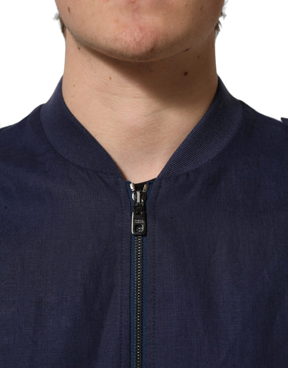 Blue Linen Full Zip Men Bomber Jacket