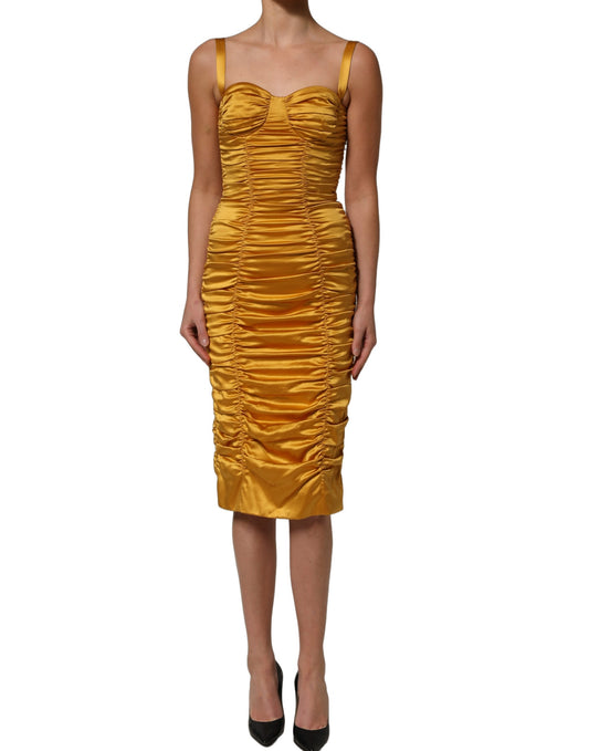 Gold Silk Ruched Bodycon Sheath Midi Dress