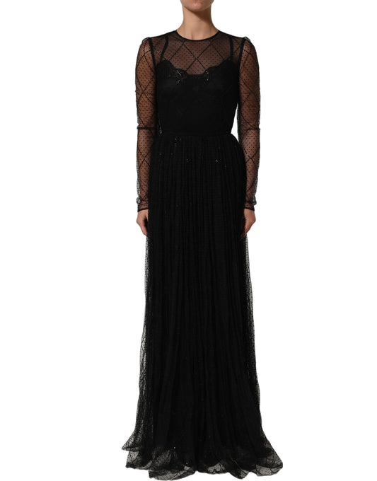 Black Mesh Lace Long Sleeved Maxi Gown Dress