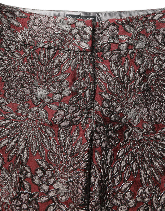 Burgundy Grey Floral Jacquard Straight Pants
