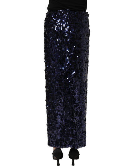 Blue Sequin High Waist PencilCut Midi Skirt