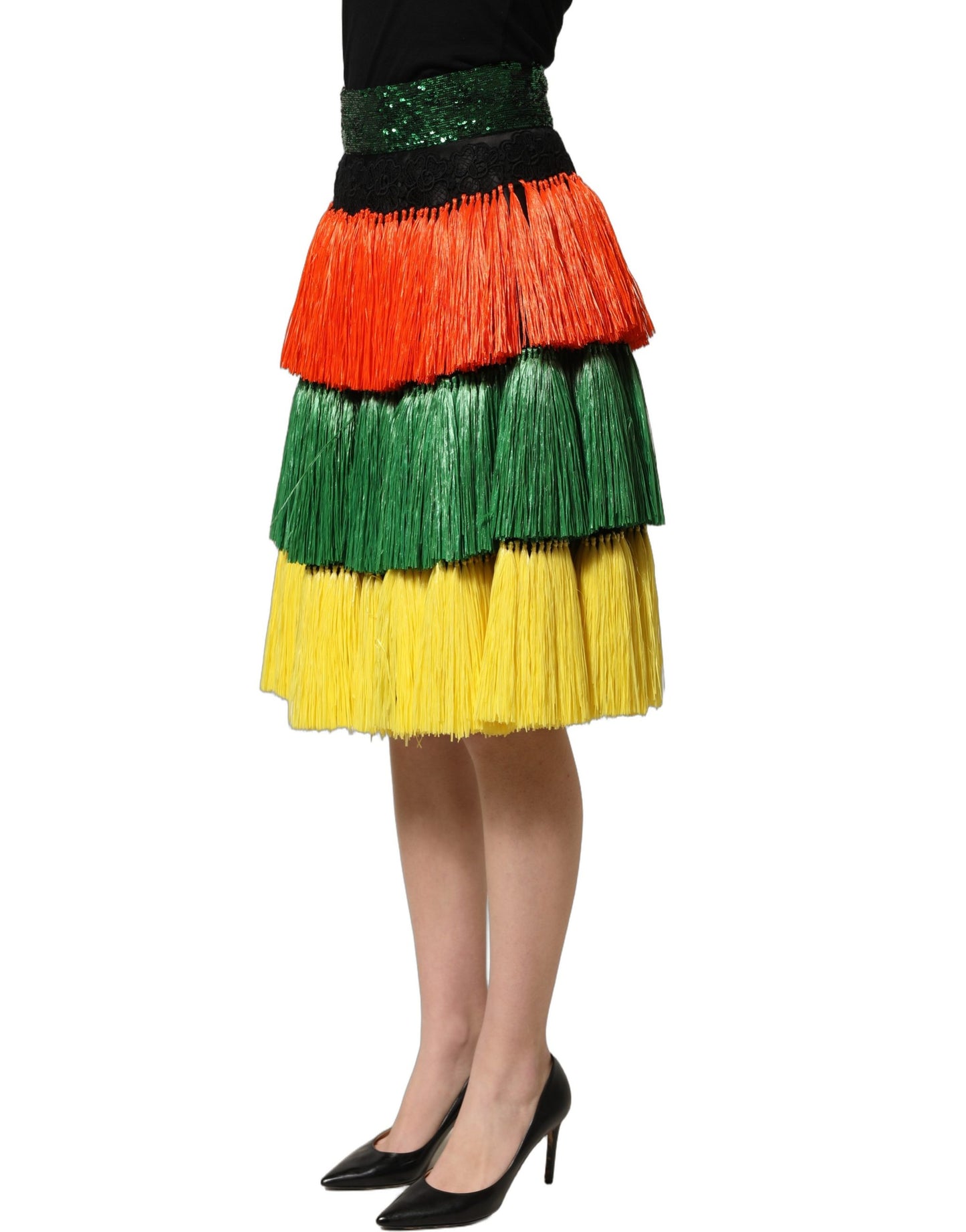 Multicolor Fringe Sequin High Waist Knee Length Skirt