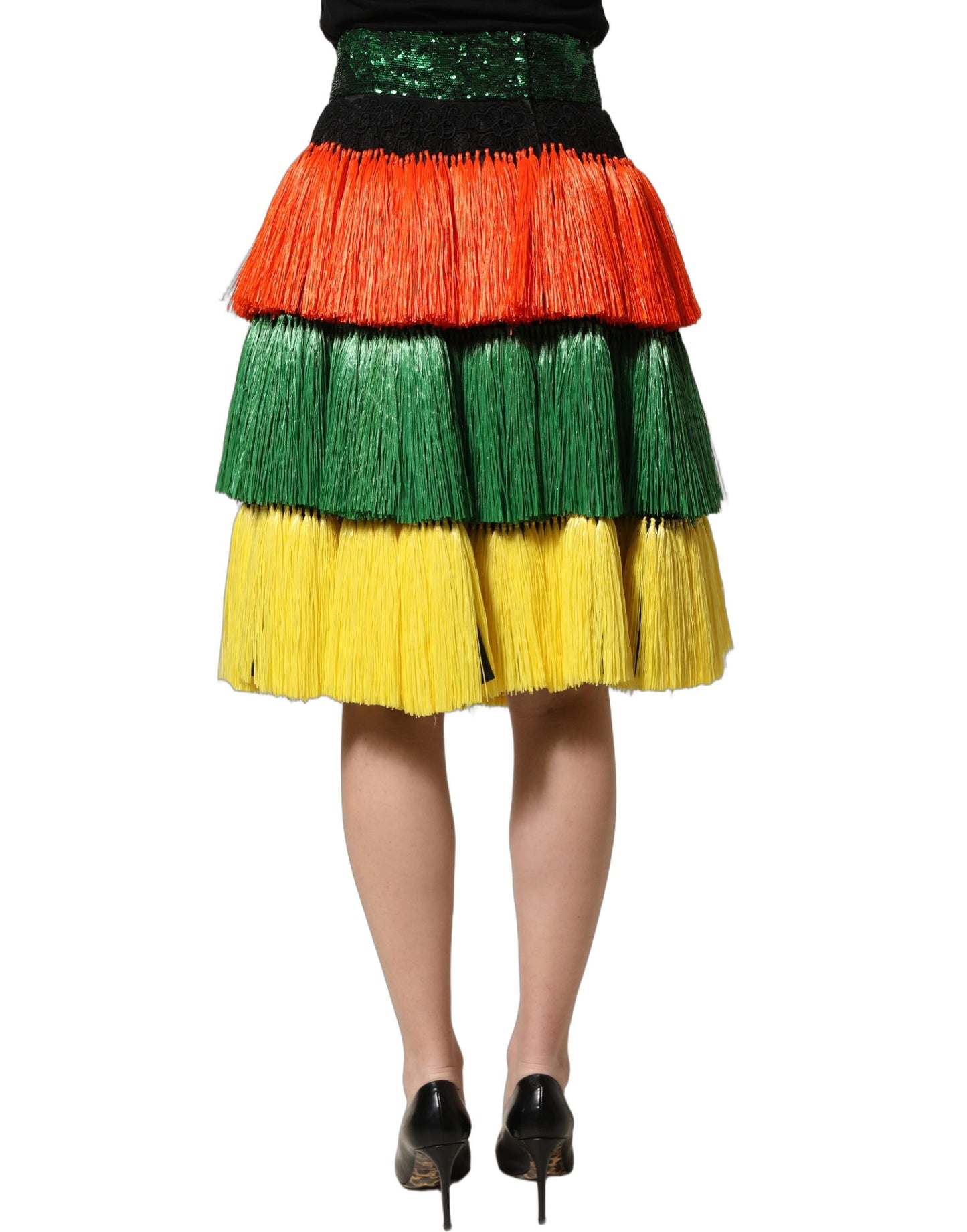 Multicolor Fringe Sequin High Waist Knee Length Skirt