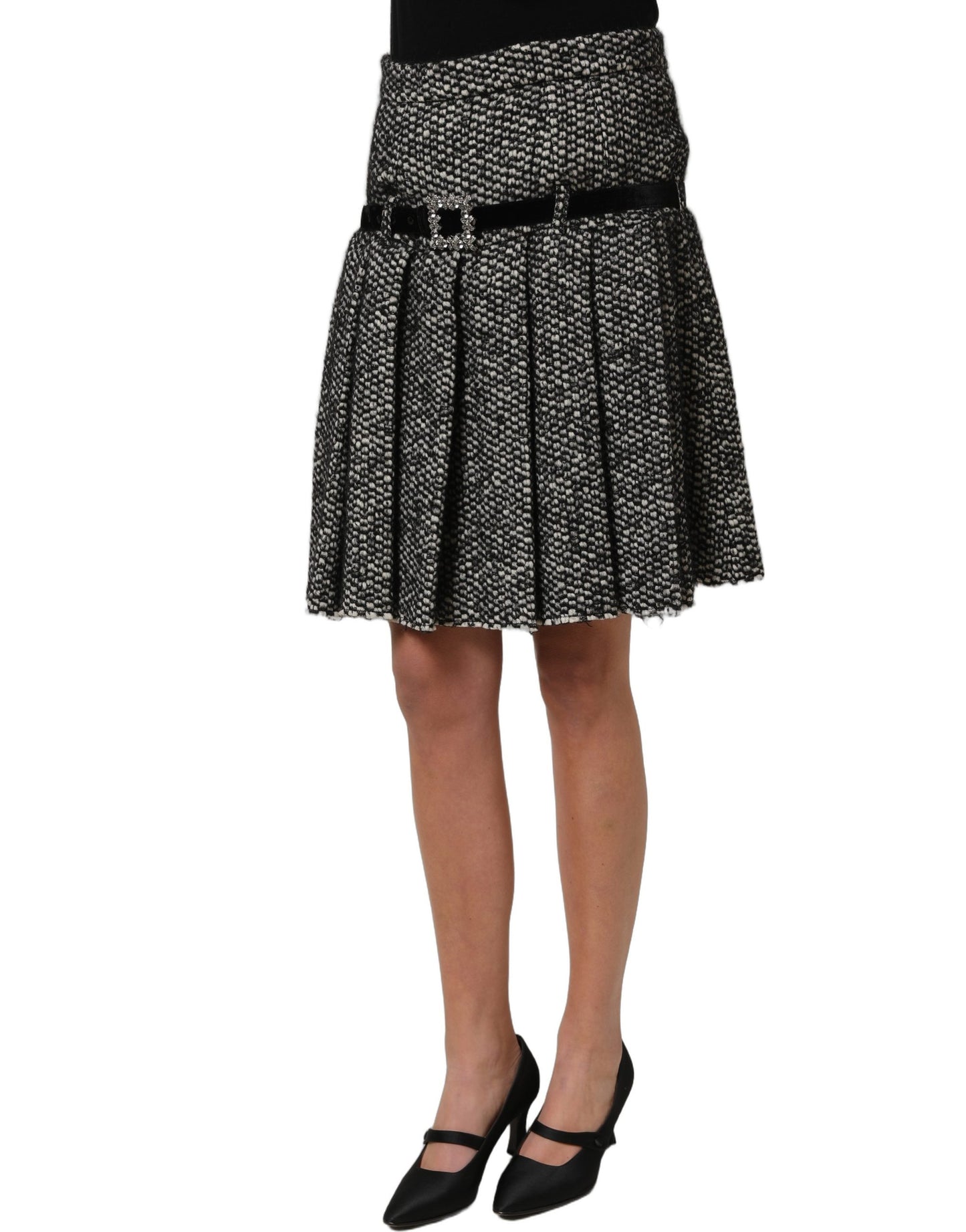 Black White Tweed High Waist Pleated Skirt