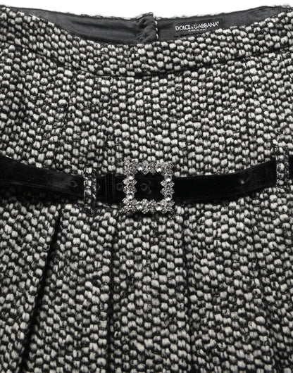 Black White Tweed High Waist Pleated Skirt