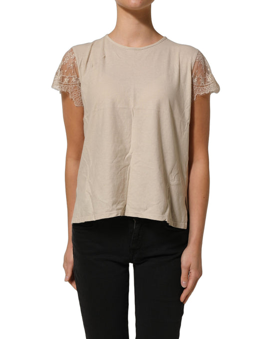 Beige Cotton Lace Detailing Round Neck Top