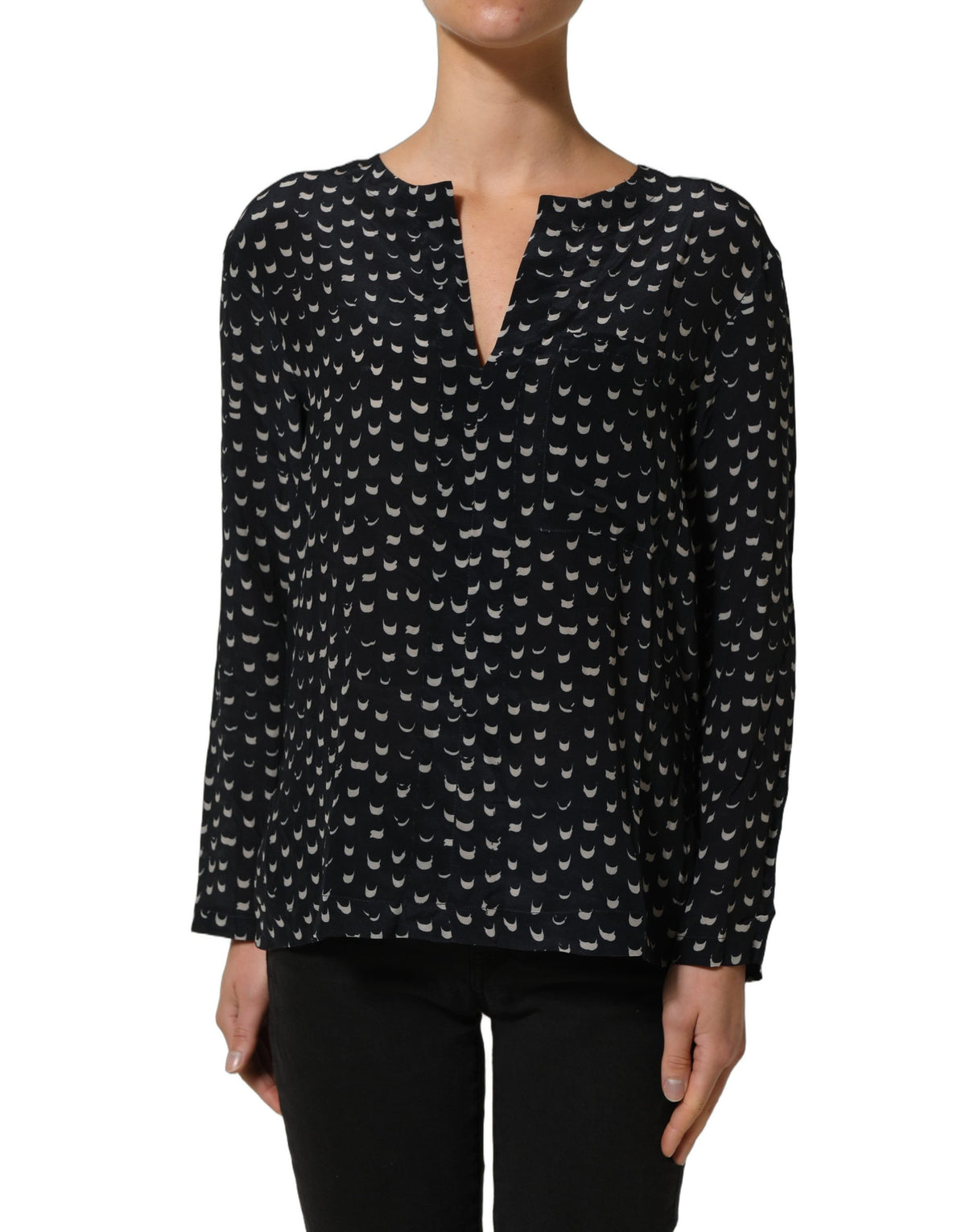Black SIlk Long Sleeves Deep V-neck Blouse Top