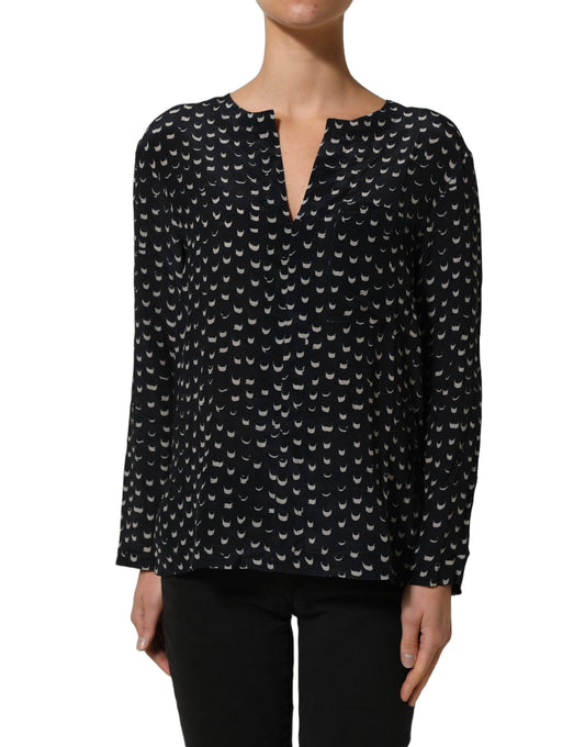 Black SIlk Long Sleeves Deep V-neck Blouse Top