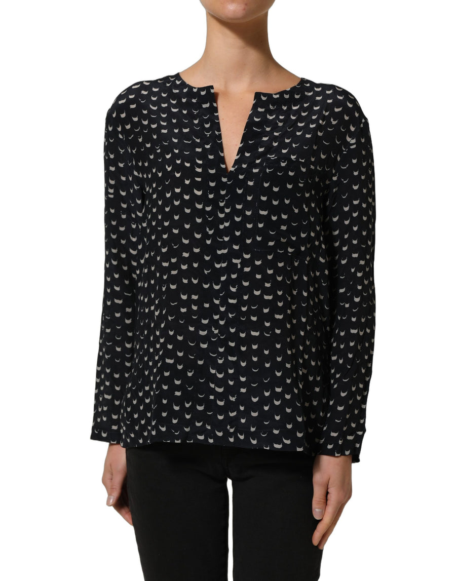 Black SIlk Long Sleeves Deep V-neck Blouse Top