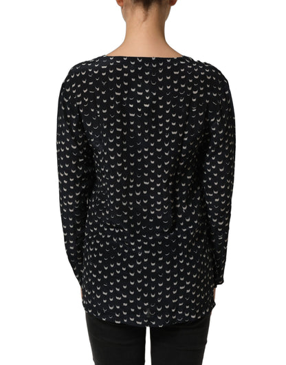 Black SIlk Long Sleeves Deep V-neck Blouse Top
