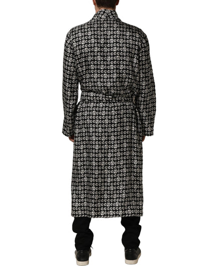 Black White Silk Men Wrap Robe Coat Jacket
