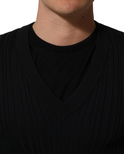 Black Silk Blend V-neck Pullover Men Sweater