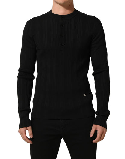 Black Silk Blend Henley Pullover Men Sweater