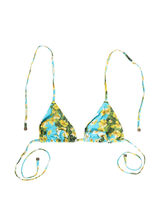Blue Floral Print Nylon Halter Bikini Top Swimwear