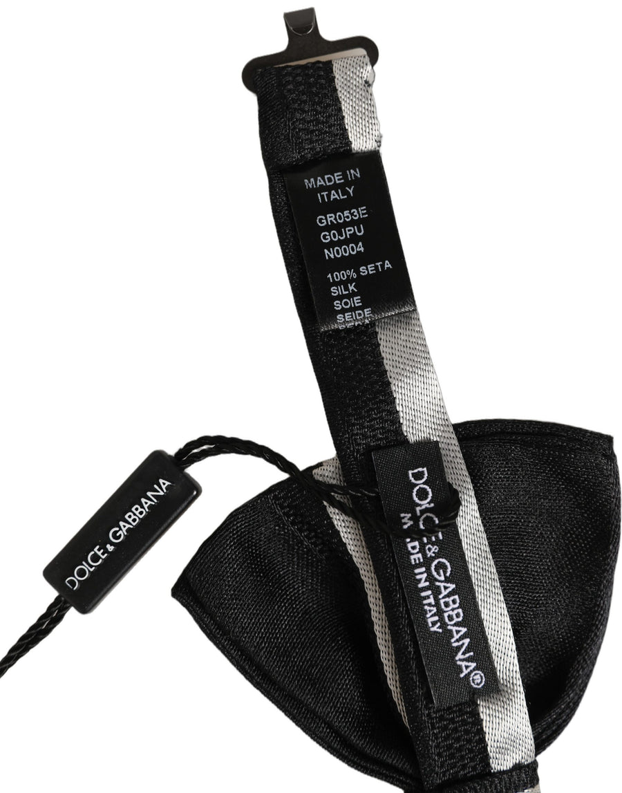 Black Silver 100% Silk Adjustable Neck Papillon Bow Tie